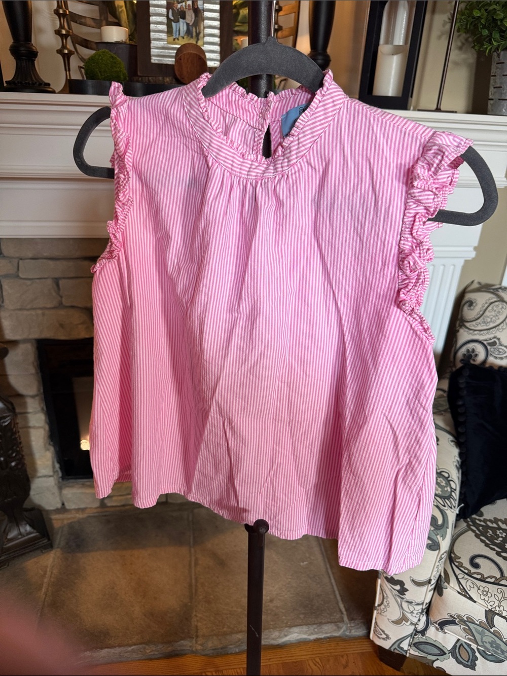 CeCe Pink Striped Ruffle Mock Neck Camisole